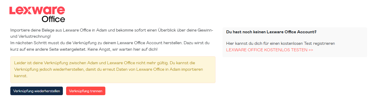 Lexware Office invalid connection integration